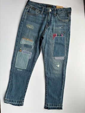 Girls Patchwork Embroidered Slim Fit Blue Jeans (6T)